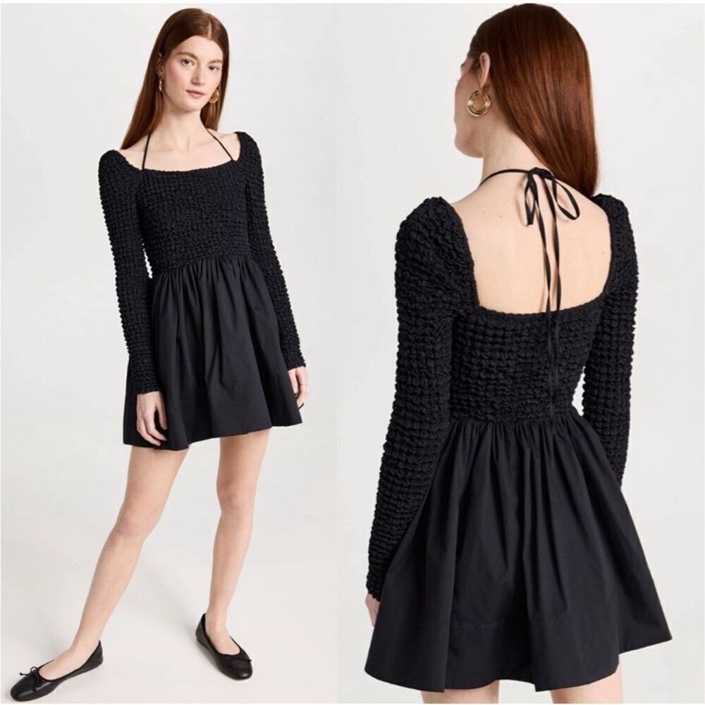 STAUD Cassidy Puckered Long-Sleeve Halter Mini Dress small